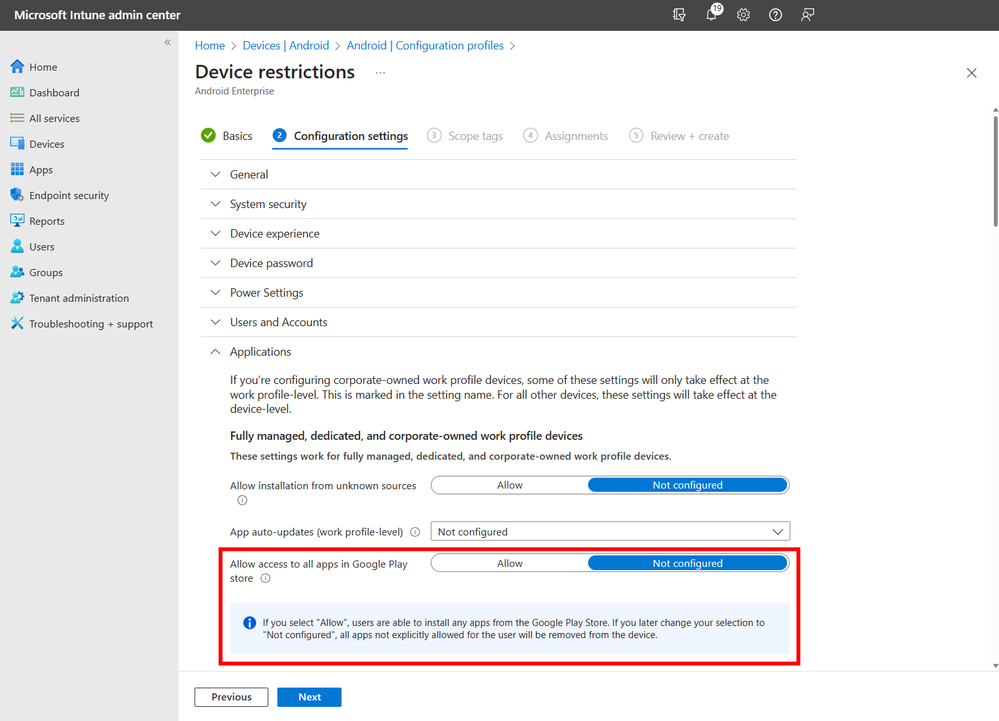 A screenshot of the Applications settings, highlighting the Allow access to all apps in Google Play store, under the Device restrictions for an app.
