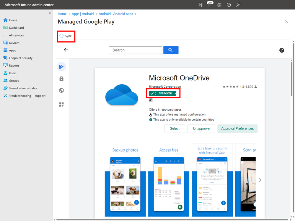 A screenshot of the Approved application with the sync icon highlighted.