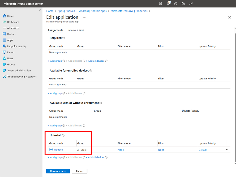 A screenshot of the Edit application screen with the Uninstall section highlighted and the Group, All users, included.
