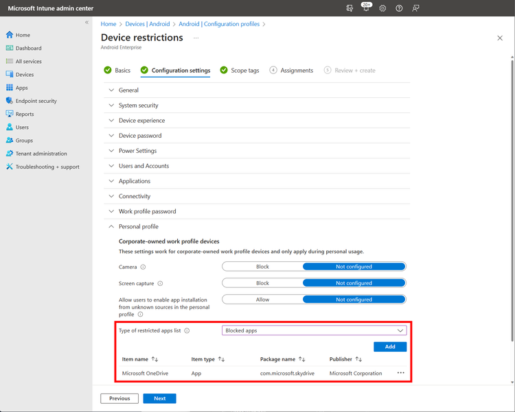 A screenshot of the Type of restricted apps list setting under Device restrictions in the device configuration profile.