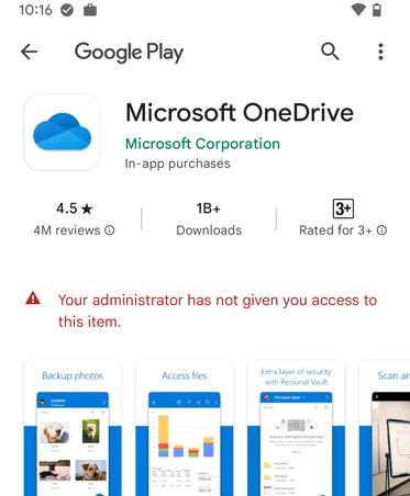 A screenshot of the warning notification on an Android device when the user attempts to access a restricted app.