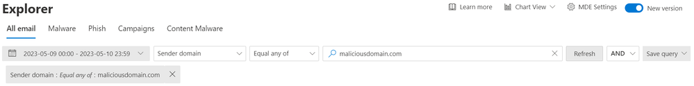 Figure 2: Sample mail filter query in Threat Explorer