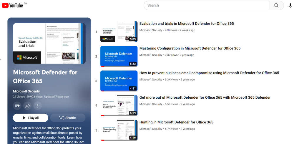 An image of the Microsoft Defender for Office 365 playlist on the Microsoft Security YouTube channel.