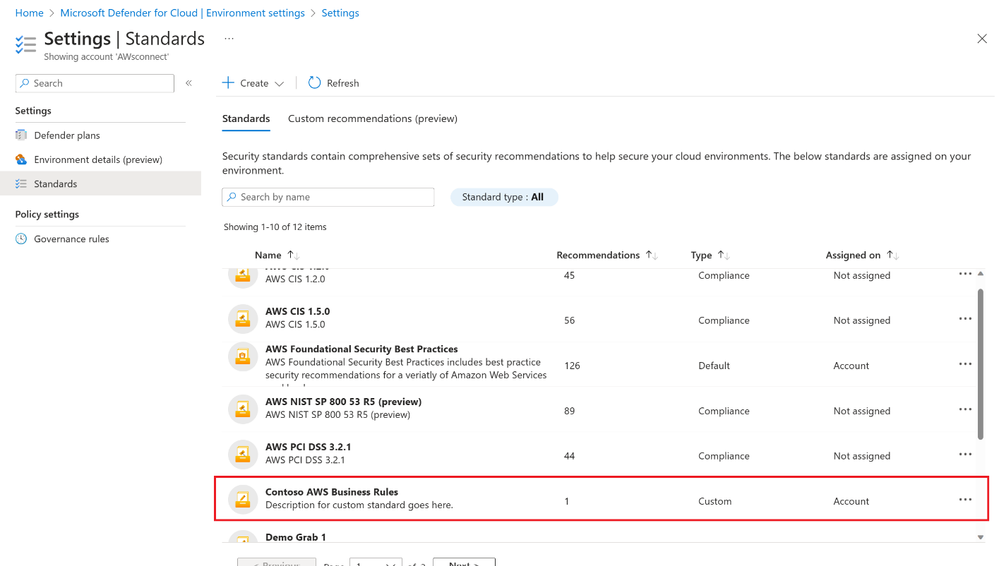 Figure 4. Assigning a custom standard for AWS.