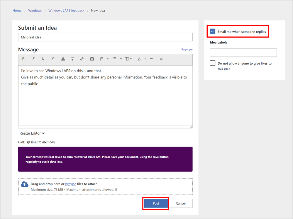 Screenshot of the Submit an Idea editor with a checked box for Email me when someone replies and Post button outlined in red