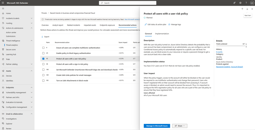 Figure 1: Example of a threat-informed posture recommendations within Threat Analytics
