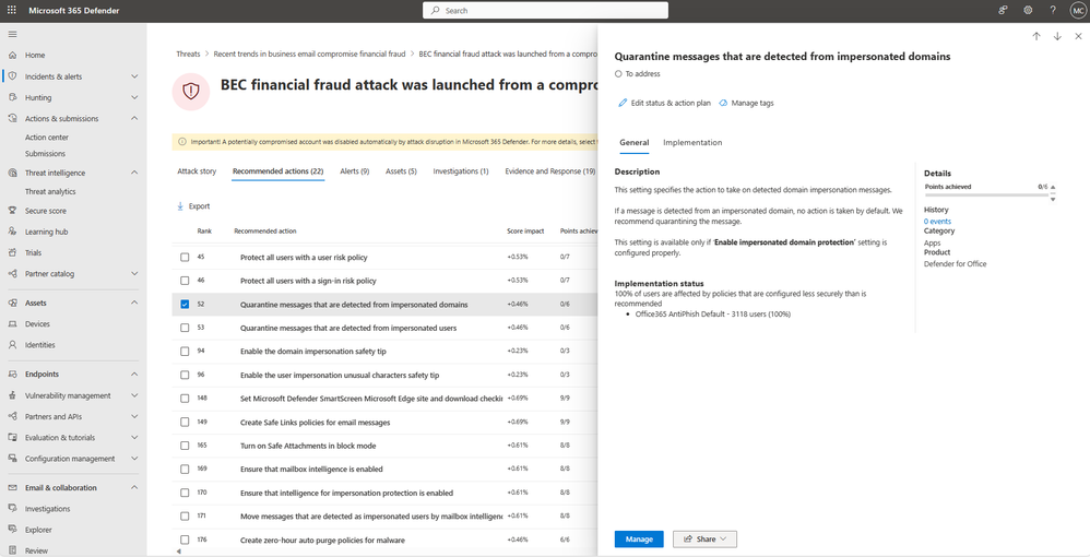 Figure 3: Posture recommendation actions within Incident.