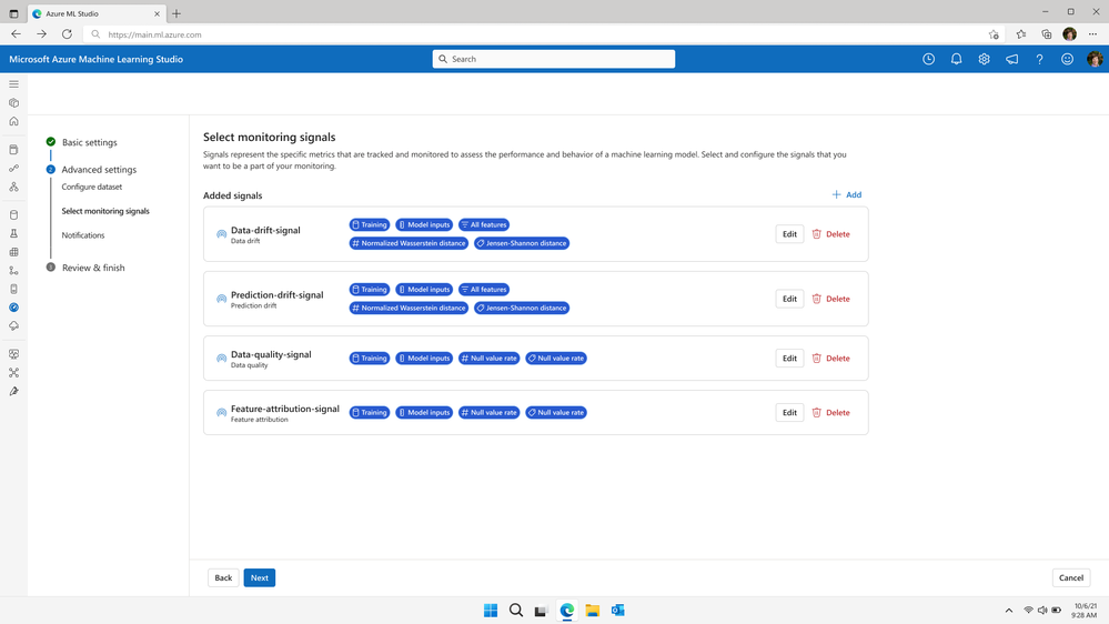Step 1: During AzureML Model Monitoring set-up, users can configure the signals and metrics to monitor the performance of their model in production.