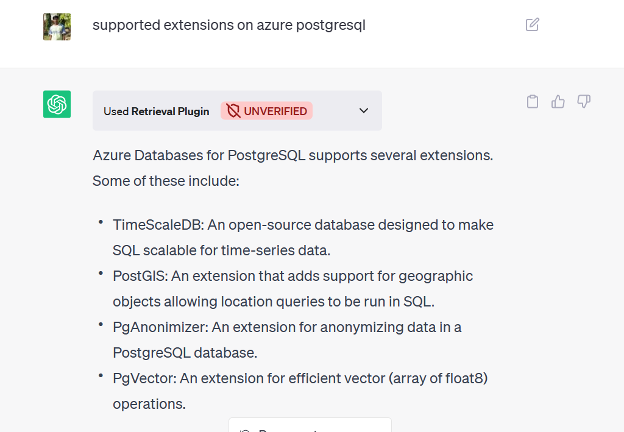 Figure 3:  Query ChatGPT using retrieval plugin on supported extensions.