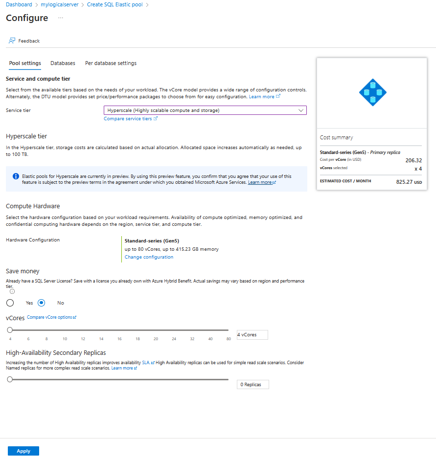 Configure a Hyperscale elastic pool using the Azure portal
