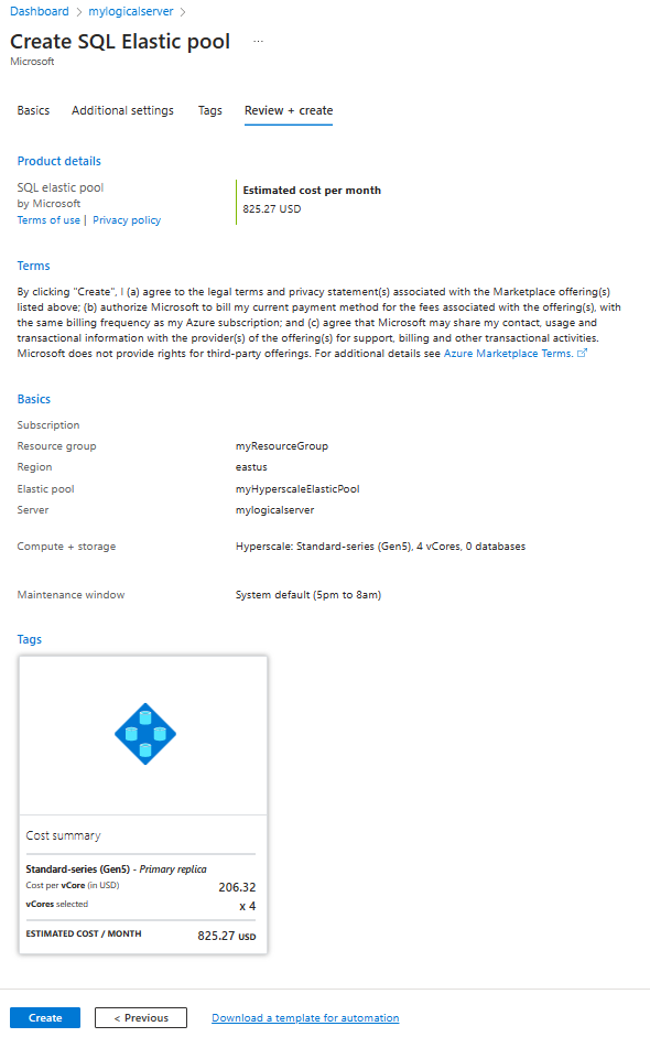 Review the creation of a Hyperscale elastic pool using the Azure portal