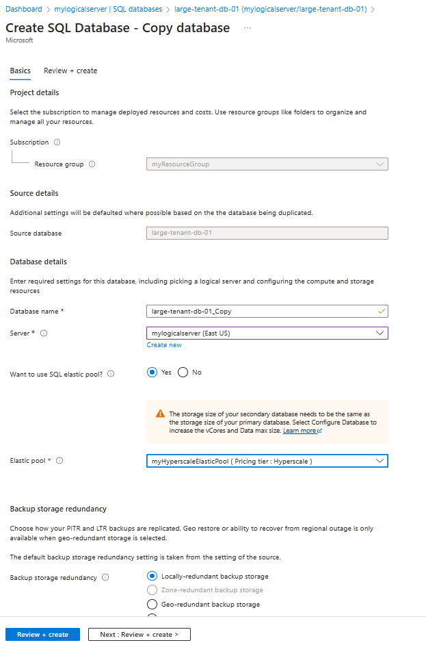 Specify a Hyperscale elastic pool as the target for a database copy operation using the Azure portal