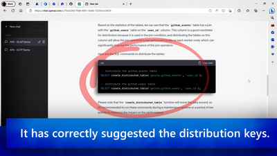 Video 1: An example interaction between a user and GPT-4 on the online analytical processing (OLAP) workflow, to help select the Citus shard key (aka the distribution column).