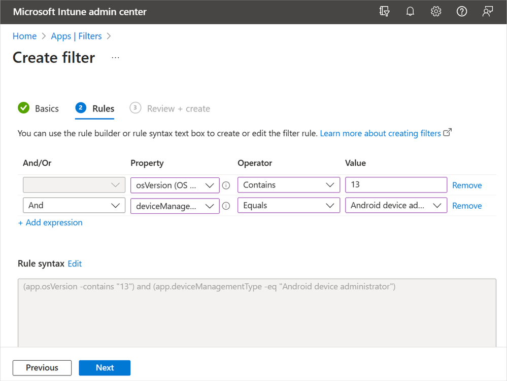 A screenshot of the new filter creation page