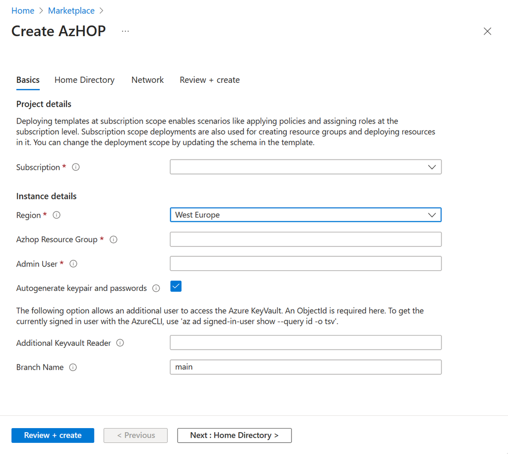 Az-HOP deployment wizard: Home Directory