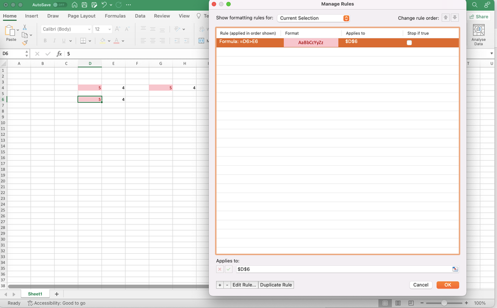 Copied and pasted to cell two row below. Correct conditional format.