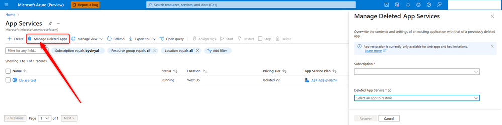 Undelete Web Application in Azure Portal