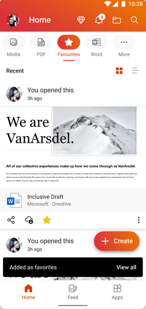 An image demonstrating File card view from the Favorites tab in the Microsoft 365 app for Android.