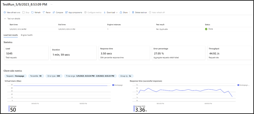 Screenshot of test run on Azure portal