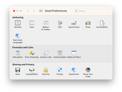 Excel Preferences dialog box