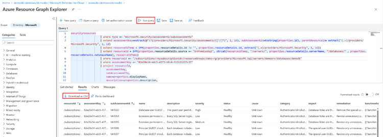 The query results can be exported as a .CSV file as-is or it can be customized. For example, changing the scope to all databases under a server.