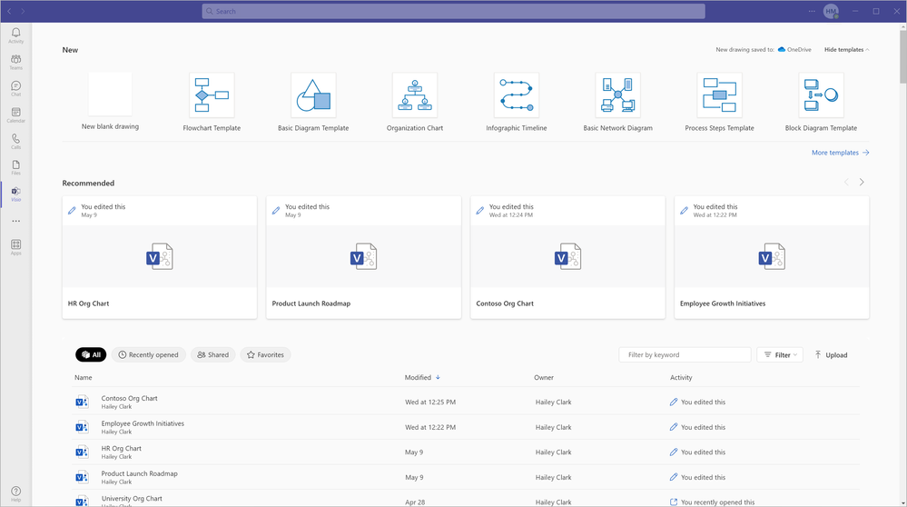 An image of the Visio app in Microsoft Teams demonstrating how to access available templates, Recommended files, Recently opened files, Shared files, and Favorites.