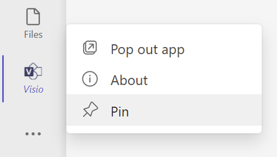An image demonstrating how to pin the Visio app in Microsoft Teams by right-clicking the Visio icon. Menu options shown: Pop out app, About, and Pin.