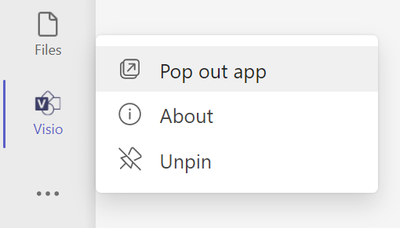 An image demonstrating how to pop out the Visio app in Microsoft Teams in a new window. Menu options shown: Pop out app, About, and Unpin.