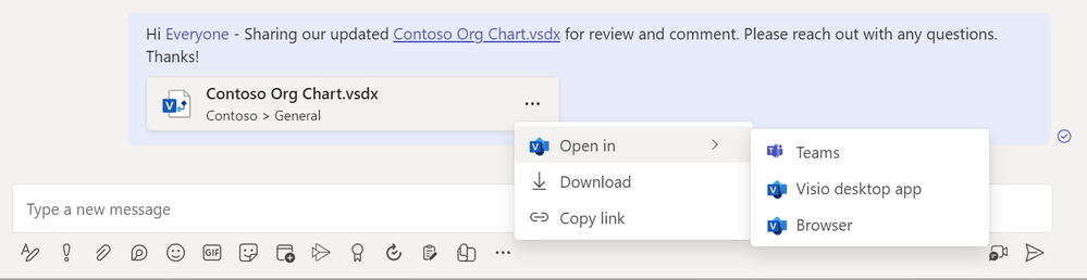 An image of a Visio file shared in a Microsoft Teams chat demonstrating the menu options available to open the file in Teams, the Visio desktop app, or the Visio web app. Menu options shown: Open in, Download and Copy link.