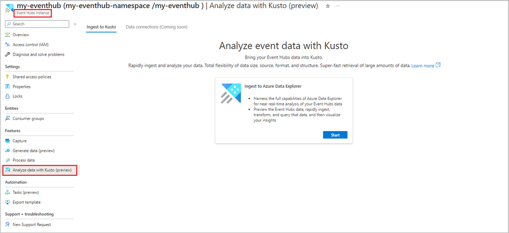 The Event Hubs Instance page in the Azure portal