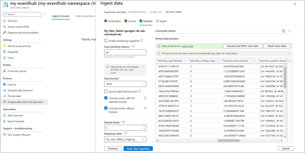 The ADX ingestion wizard is now directly accessible from the Event Hubs Instance page in the Azure portal.