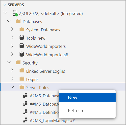 Screenshot of create new role menu item in Object Explorer
