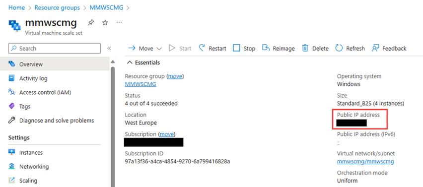 Figure 2: Overview of the Virtual Machine Scale Set to identify the public IP Address.