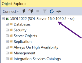 Screenshot of SQL Server version displayed in Object Explorer