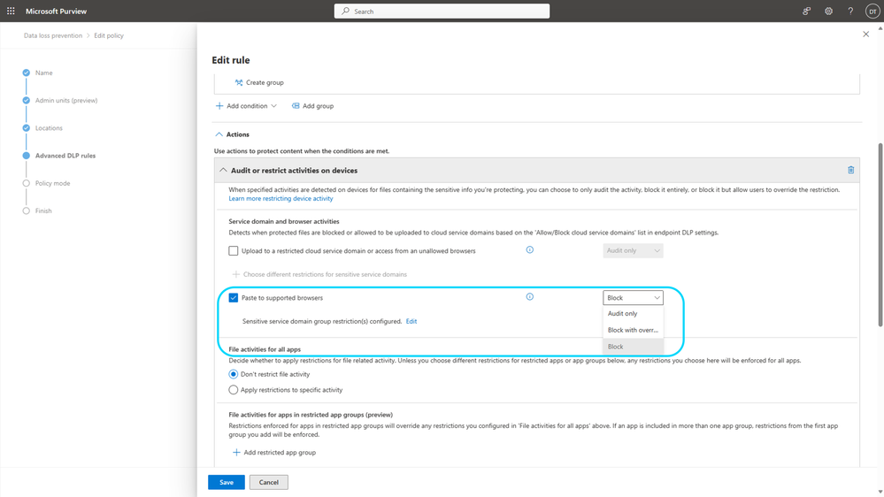 Figure 1: Configuring paste to supported browser as 'Block' for all domains not in Group A or Group B