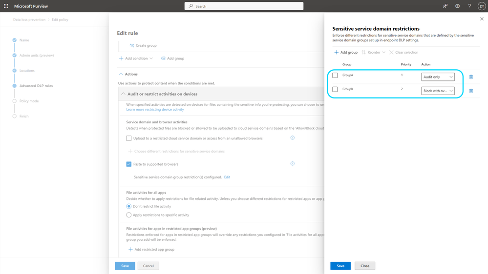 Figure 2: Configuring groups of sensitive service domains and assigning different restrictions to different groups