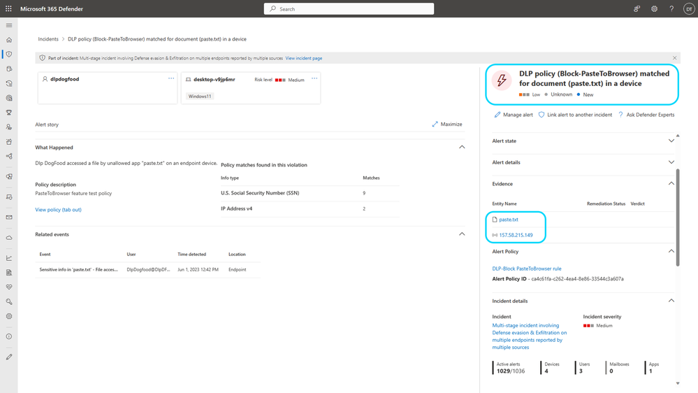 Figure 7: Admins can easily filter the ‘Paste to Browser’ exfiltration Alerts in the Microsoft 365 Defender portal