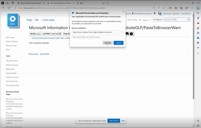 Figure 4a: Pasting sensitive data to internal website is allowed with business justification