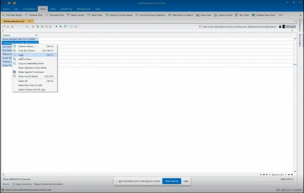 Figure 3: Copying sensitive data (customer PII) from KUSTO