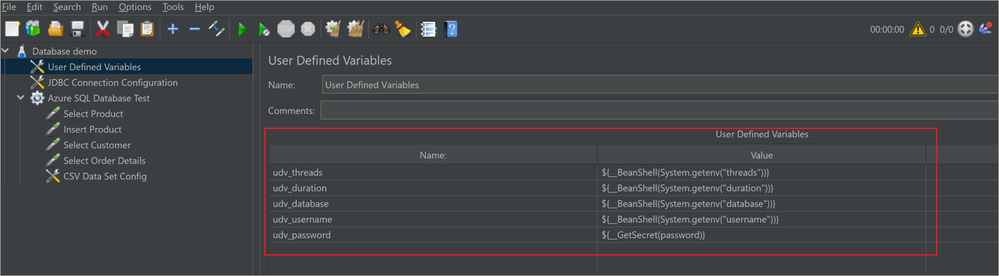 Screenshot of user defined variables in JMeter GUI