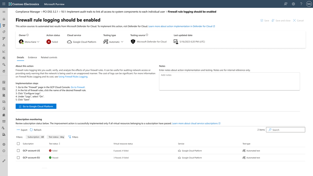 Figure 4: Action drilldown with instructions for enabling Firewall rule logging in GCP