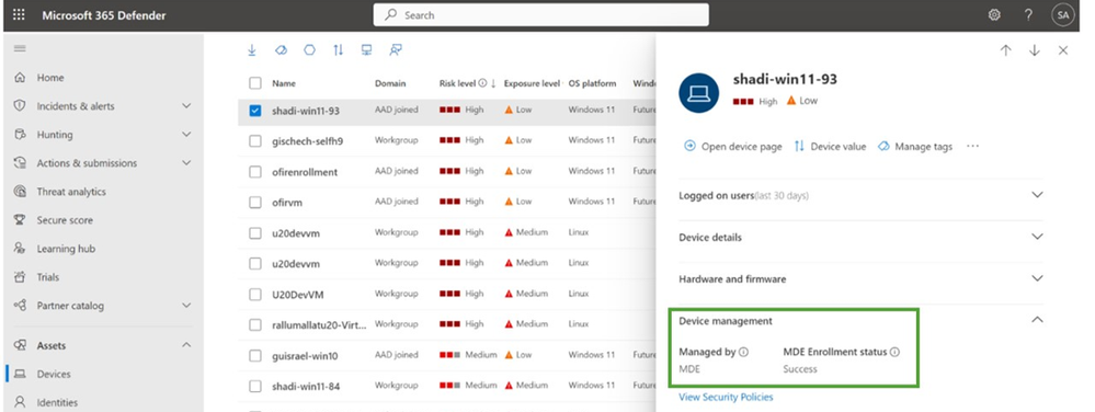 A screenshot of a device’s MDE Enrollment status on the device page in the Microsoft 365 Defender portal.