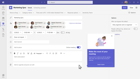 Screenshot showing how to schedule a meeting from Teams and include an agenda