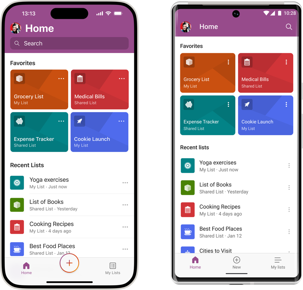 Microsoft Lists - MSA Preview for iOS (left) and Android (right) – both showing the Lists Home screen.