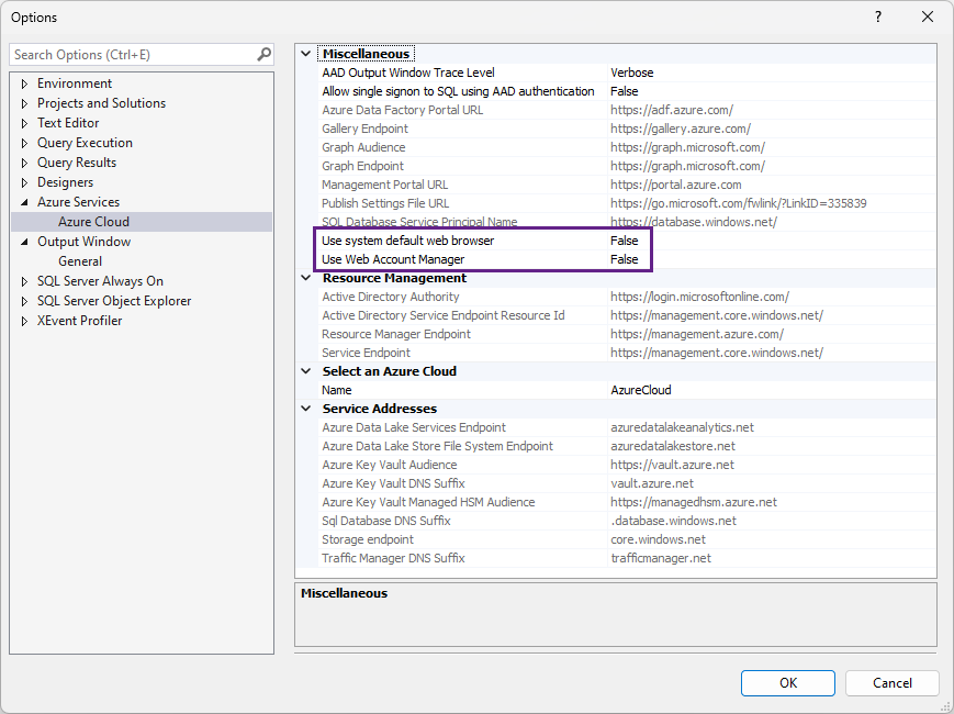Screenshot of Azure Cloud options in SSMS 19