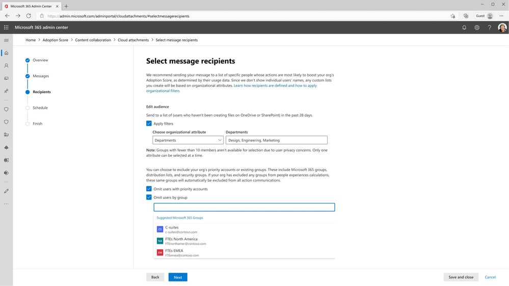 An image demonstrating how to create a new Organizational Message within Adoption Score in the Microsoft 365 admin center.
