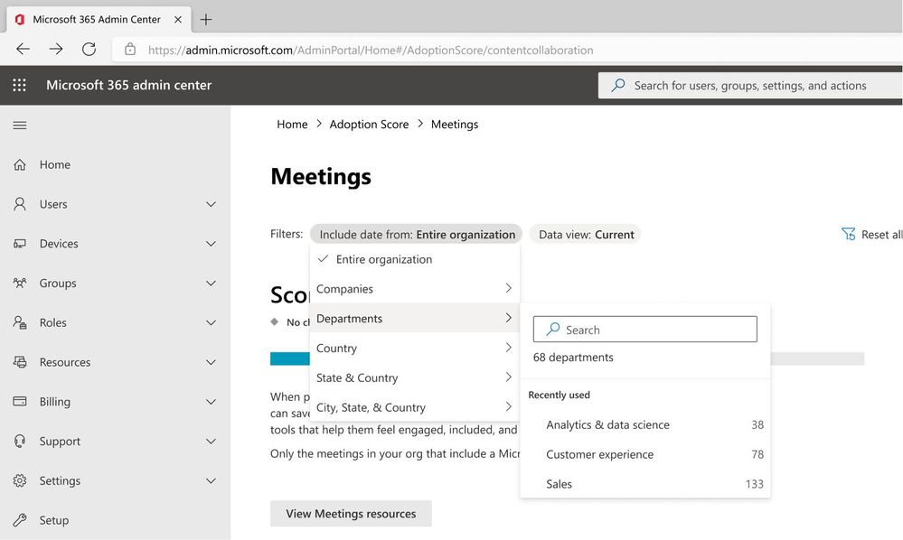 An image demonstrating the Group Level Aggregates dropdown menu on the Meetings insights page in Adoption Score in the Microsoft 365 admin center.