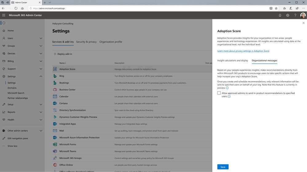 An image demonstrating how to enable Organizational Messages in Adoption Score from the Settings menu in the Microsoft 365 admin center.