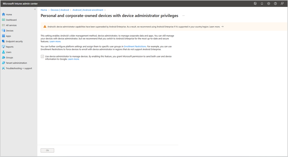A screenshot of the “use device administrator to manage devices” checkbox option.