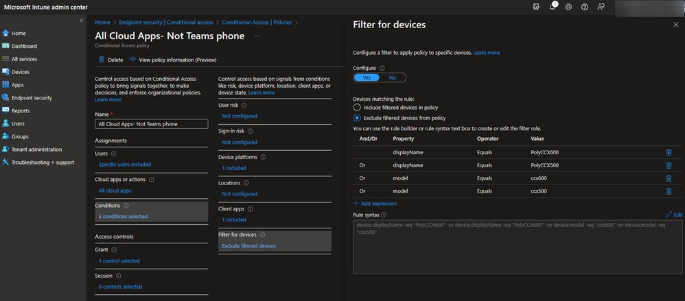 A screenshot of the Filter for devices pane allowing the admin to “configure a filter to apply policy to specific devices.”